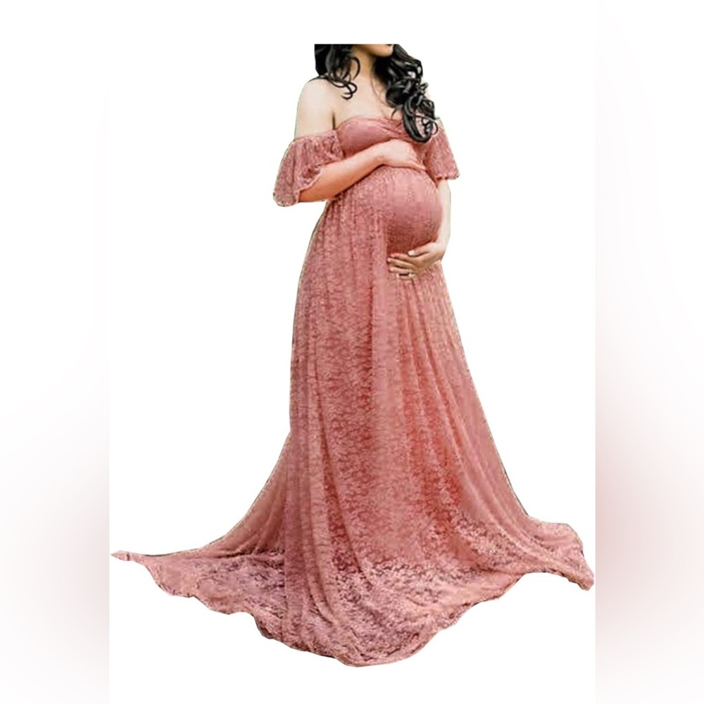 Pink. Strapless lace maternity maxi gown